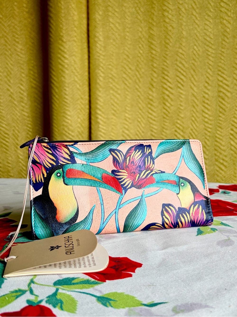 Vintage Toucan Floral Zip Wallet - Peach, Teal, Red, Yellow